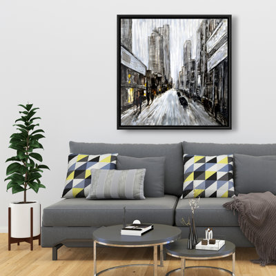Gray Gloomy Street - Scenic Framed Canvas Home Decor Art