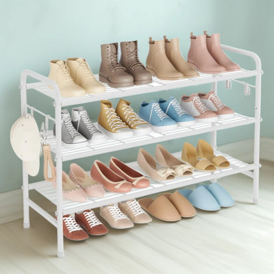 3 Tier Shoe Rack 33 Inch Wide Metal Shoe Organizer Long Shoe Storage with 4 Side Hooks Sturdy Shoes Shelf for Front Door Entrance, Closet, Garage, Dor
