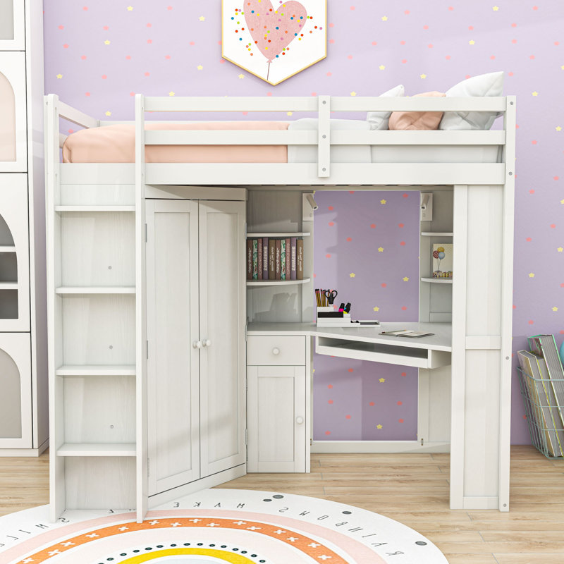 Lit mezzanine simple avec garde-robe et bureau intégrés, échelle, Blanc beige