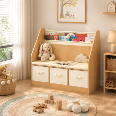 Bibliothèque pour enfants 3 en 1 avec banc, 3 tiroirs, porte-livres et crochets en tissu, bois naturel, l 37,56 po x H 31,5 po