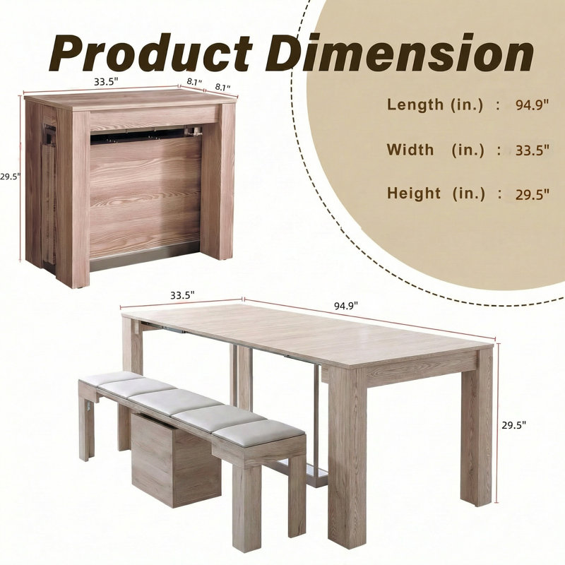 16.1'' to 94.9'' Extendable Rectangular Dining Table for 4-10 Seat, Multifunctional Extendable Console Table