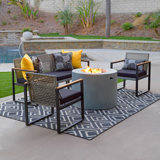 5-Piece Wicker Conversation Set with Round Alloy Steel Fire Pit. Comes with Black Cushion