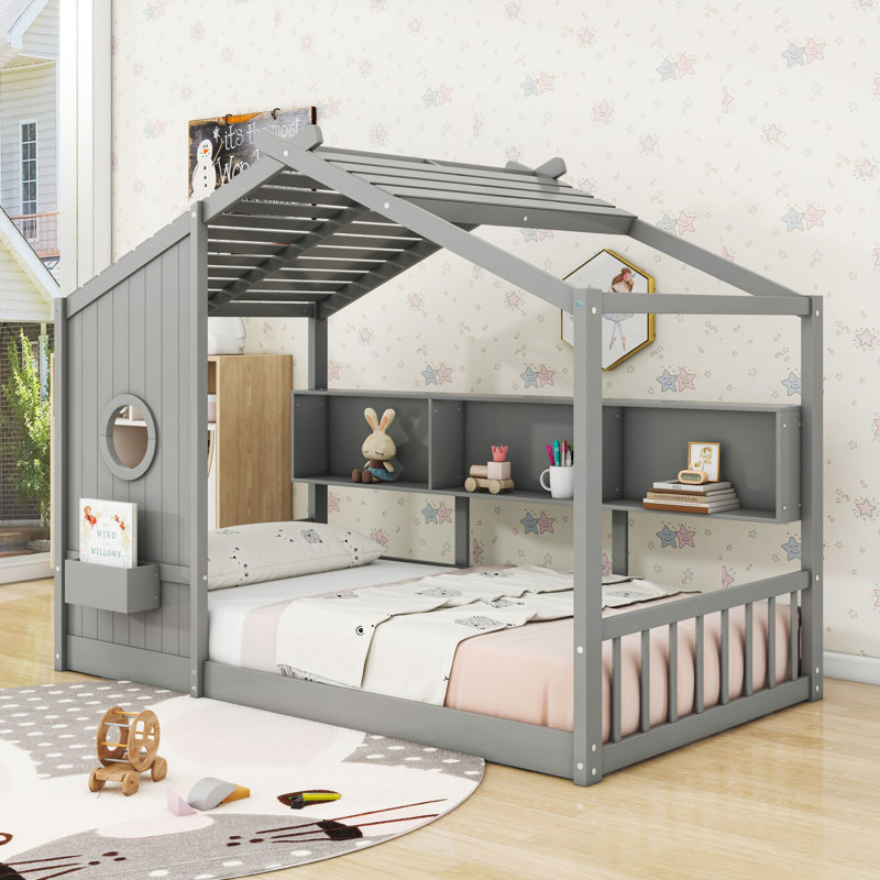 Lit sur pied avec tablette de rangement, gris, Simple