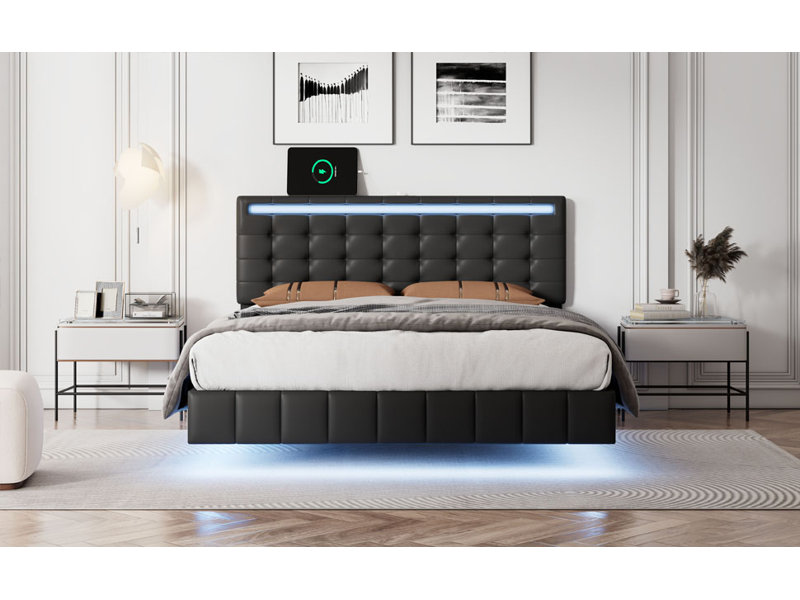 Size Floating Bed Frame With LED Lights And USB Charging,Modern Upholstered Platform LED Bed Frame,, Black, Full