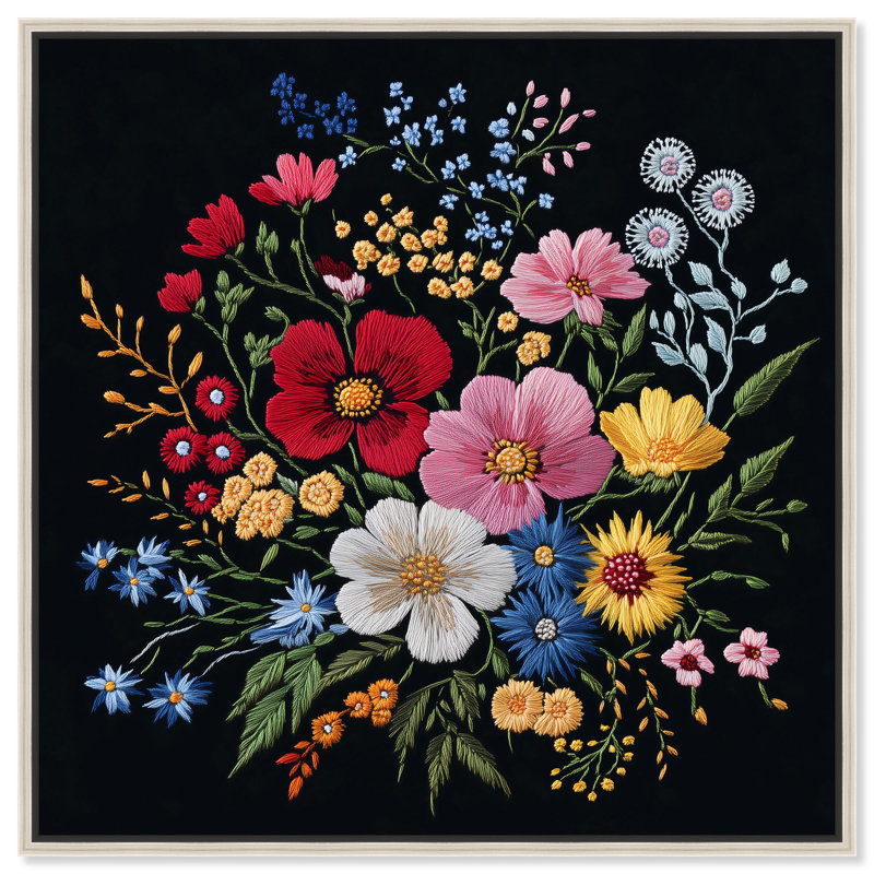 «Midnight Wildflower Weave», art mural maximaliste par , H 25 po x l 25 po, Encadrement argenté