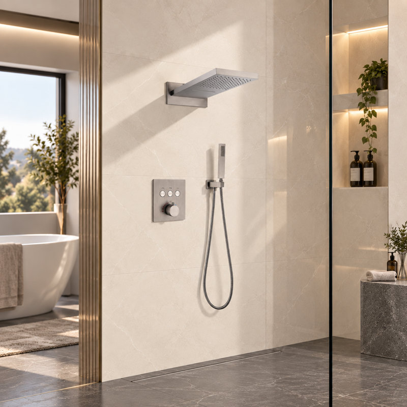 Ensemble de douche à bouton-poussoir avec pomme de douche à fixation thermostatique de luxe Fixhd, Nickel brossé