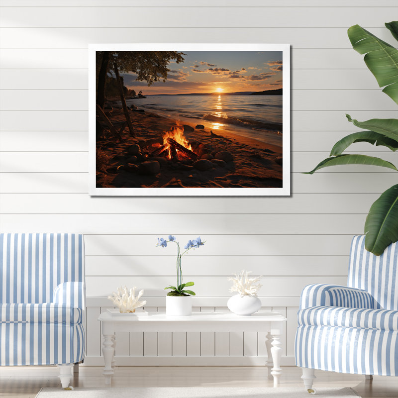 «Allix Beach Beach Bonfire I», reproduction sur toile, H 12 po x l 20 po x P 1 po, Cadre simple blanc