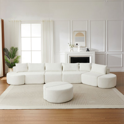 Ensemble de canapé modulaire en tissu chenille, comprenant six coussins décoratifs et quatre repose-pieds courbés, parfait pour les salons, les chambres et les espaces de bureau. Beige