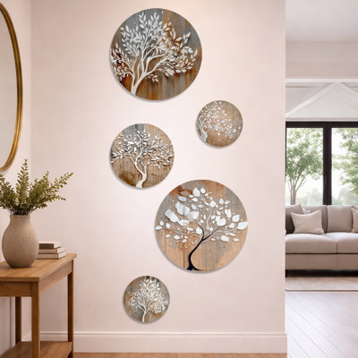 White Tree Of Life On Wood - Tree Of Life Wall Art Set of 5 - Country Metal Wall Decor Set of 5