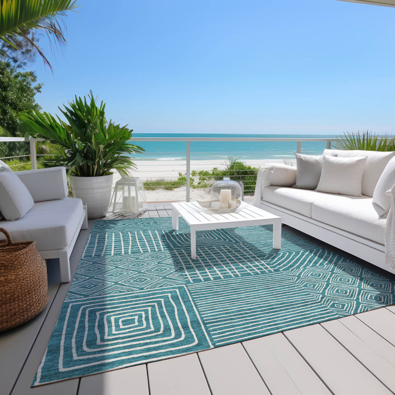 Teal Geometric Pattern Washable Synthetic Area Rug