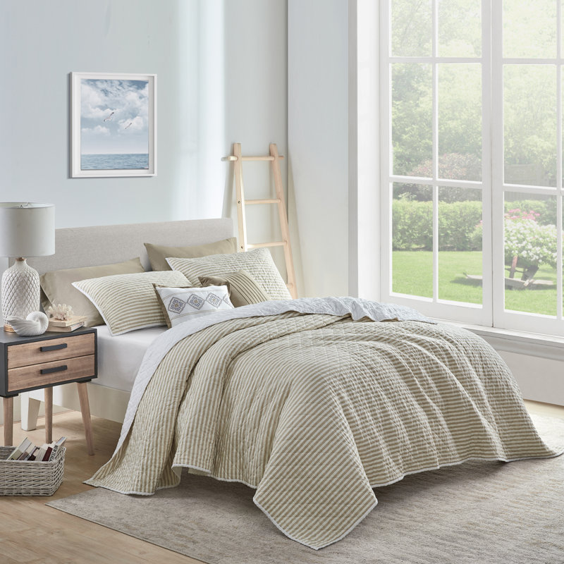 Queen Size White and Brown Striped Cotton Quilt Set with Shams and Throw Pillows