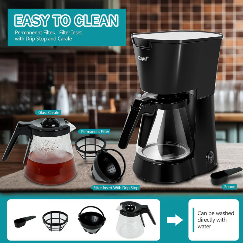 Caynel Black 5 Cups Drip Coffee Machine with Glass Carafe and Filter，600W Drip Coffeemaker