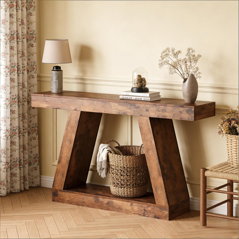 55 Inch Farmhouse Narrow Console Table - 2-Tier Wooden Sofa Table with Open Storage Shelf for Entryway, Hallway, Living Room, or Behind Couch