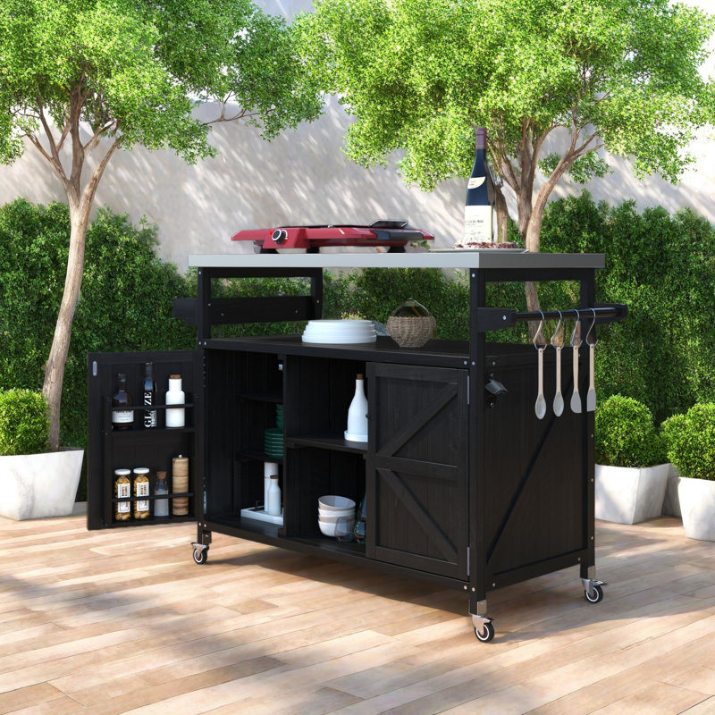 Îlot de cuisine extérieur avec chariot à roulettes et armoire de rangement, Noir