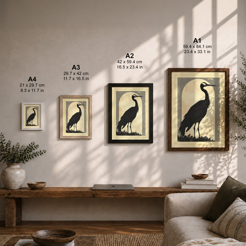 Moonlit Crane Japandi - Framed Print, A3 - 42.0 x 29.7 cm, Unframed