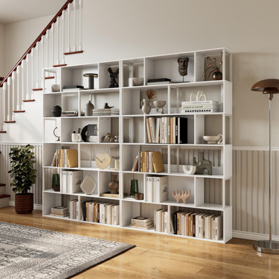 6 Tier Industrial Bookcase, 15 Open Shelves, Tall Geometric Metal Bookshelf
