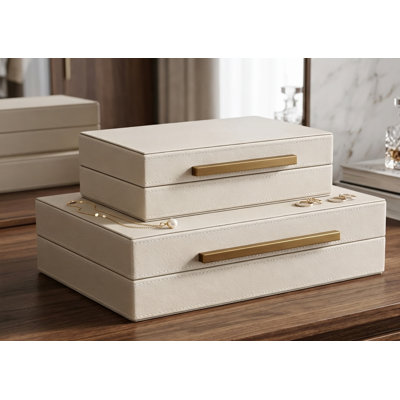 Ensemble de 2 boîtes de rangement décoratives en forme de chagrin beige avec poignées en métal doré - boîtes à bijoux et à mémoire en similicuir