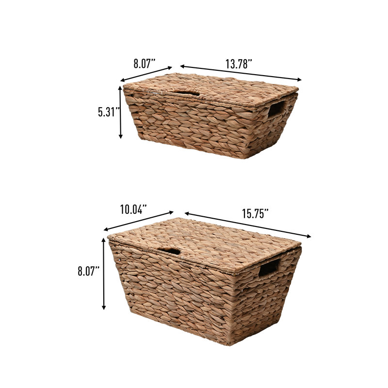 Wilder Classic Farmhouse Woven Hyacinth Rectangular Storage Baskets with Lids and Handles (Set of 2), Natural