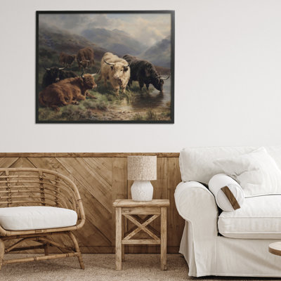 Highland Cows Beside Misty Loch, estampe numérique, design par Arlington Prints