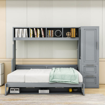 Wood Murphy Bed with Shelves, Closet and Drawers
