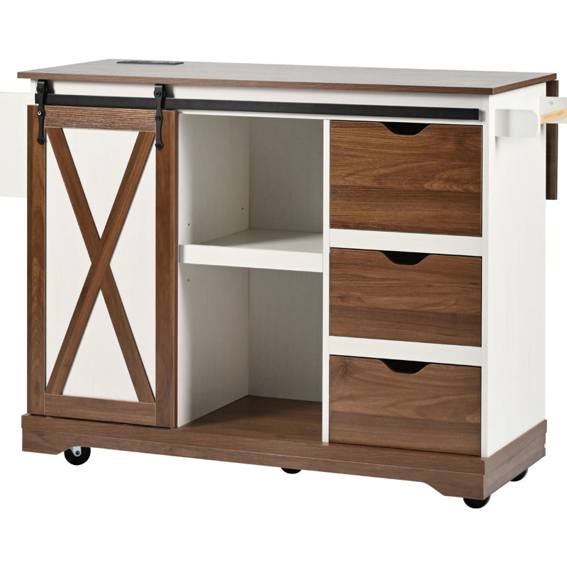 Kitchen Island 55.5", Drop Leaf, Charging Station, Ample Shelf Storage, And Dining Storage Space, Home, White