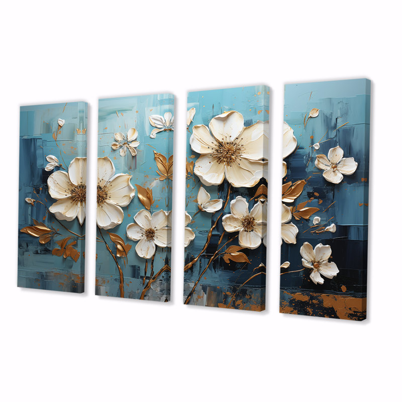 Orchidée blanche et bleue avec jardin d'or de branches V - Art mural floral abstrait 4 pièces pour le salon