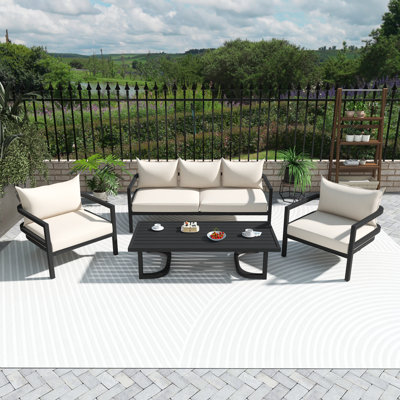 5-Piece Steel & Eucalyptus Wood Sectional Seating Set with Beige Cushions