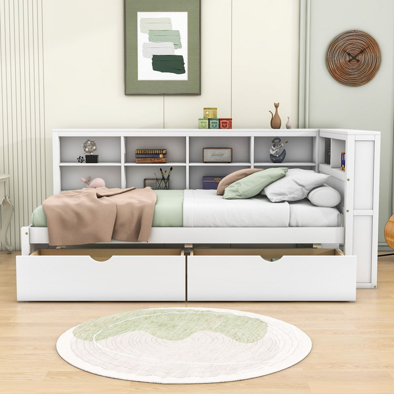 Haileyjo Wood Daybed with 2 Drawers,USB Charging and Shelves, Twin, White