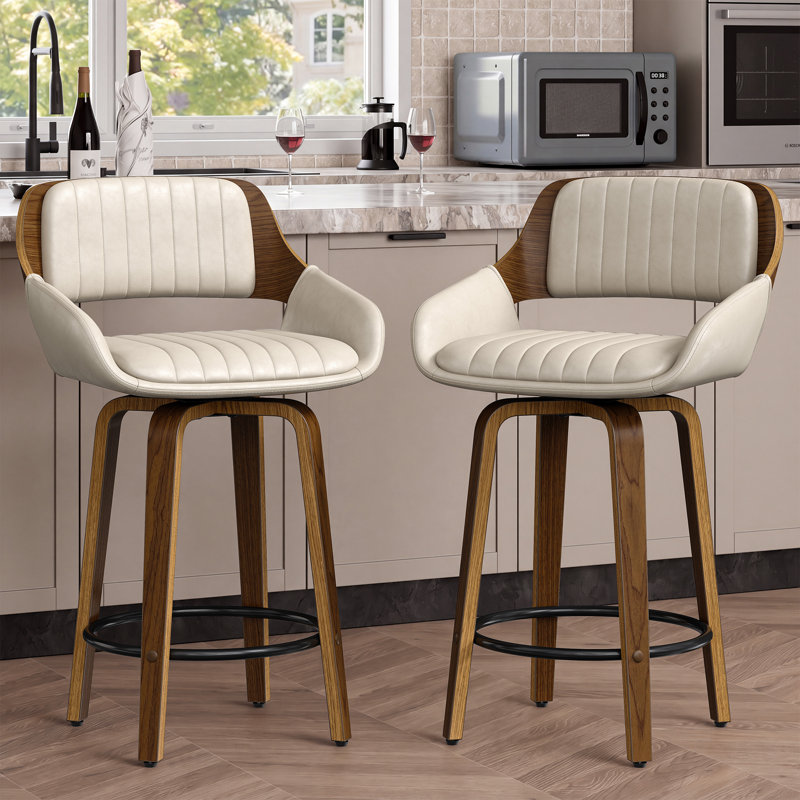 Tabourets de bar pivotants avec dossier en bois massif, hauteur de comptoir moderne du milieu du siècle, 66 cm (lot de 2), 2