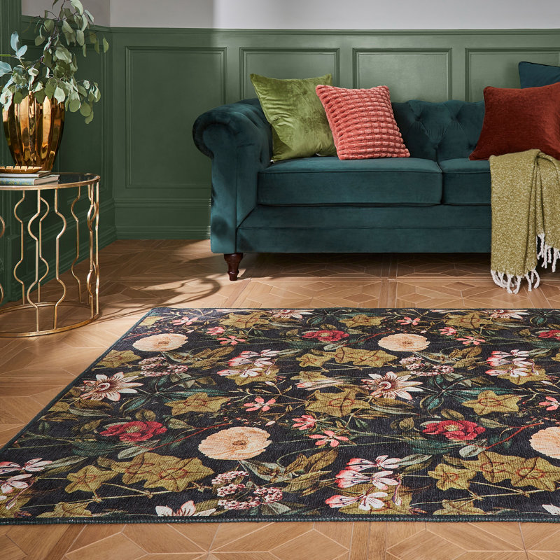 Clarke & Clarke Floral Digitally Printed 76cm X 150cm Area Rug, Green/Black, Rectangle 76 x 150 cm