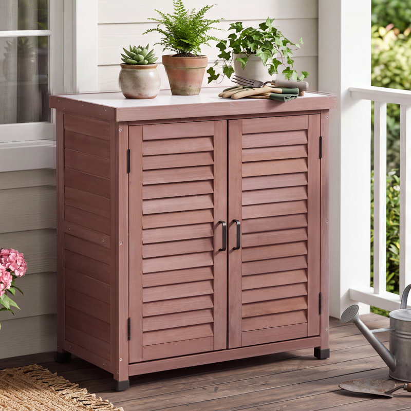 Banc d'extérieur en bois de cèdre avec armoire de rangement et plateau en métal, Marron foncé
