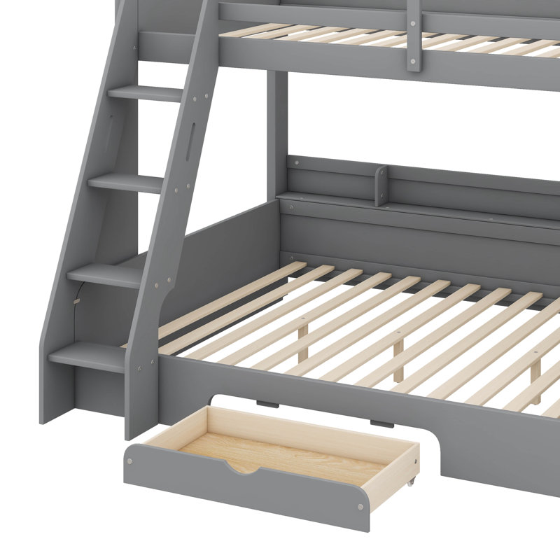 Lit superposé simple au-dessus d'un lit double avec tablettes de rangement, éclairage à DEL et tiroir pratique, gris