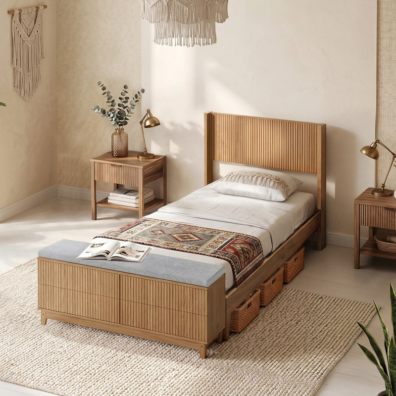 Structure de lit simple en bois de chêne naturel avec banc de rangement intégré au pied de lit, 4 tiroirs, tête de lit, robuste, aucun sommier requis, style Mid-Century moderne