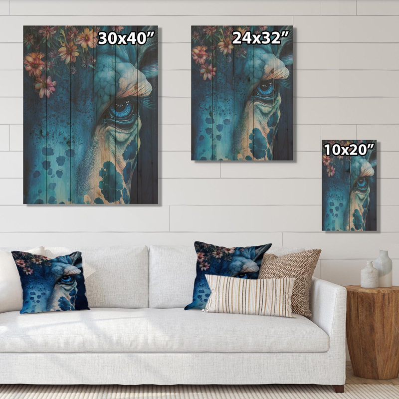 Portrait de girafe Alvardo Irieana avec fleurs II - impression sans cadre sur bois, H 32 po x l 24 po x P 1 po