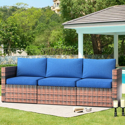  3-Seater PE Rattan Outdoor Patio Sofa with Height Adjustable Foot Pads & Thick Detachable Cushions, All-Weather Wicker Couch, Leisure Outdoor Seating Furniture for Garden, Backyard, Poolside, Porch, Balcony(Blue)