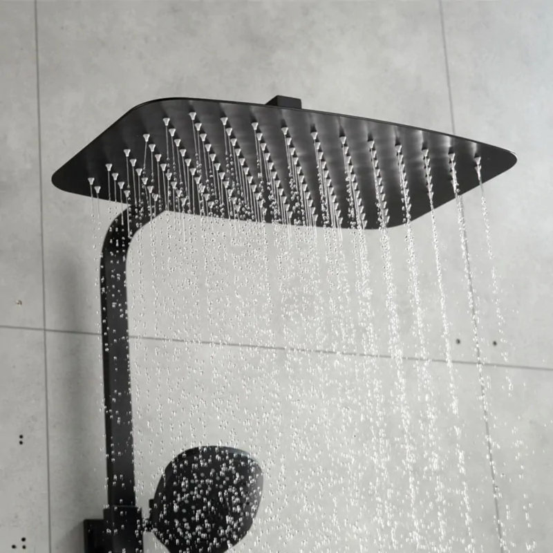 Polished chrome shower system with rainfall head and ergonomic handheld sprayer combo