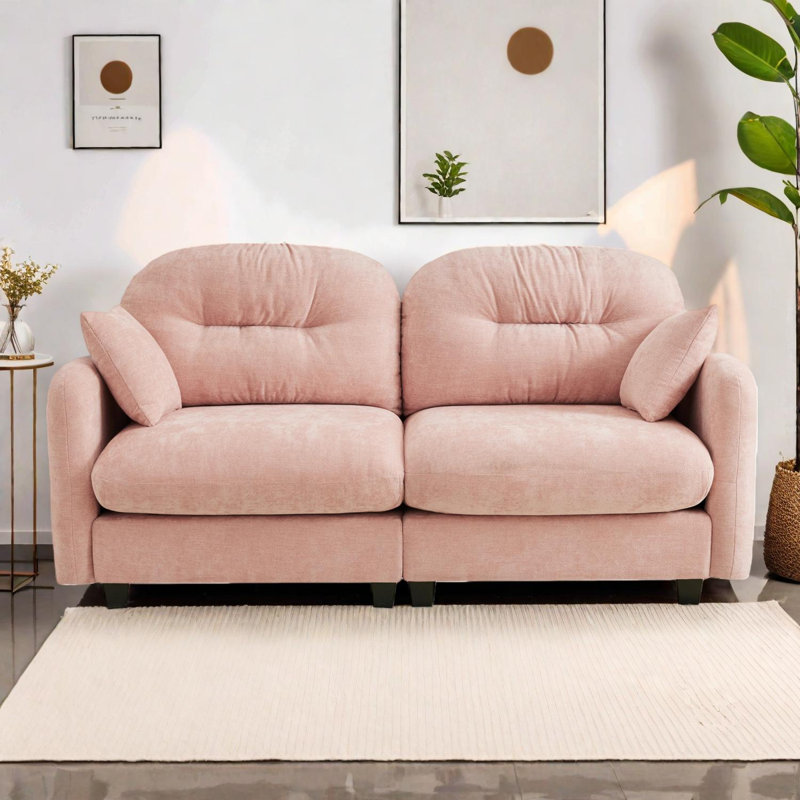 Canapé modulaire en chenille avec dossier capitonné, coussins ergonomiques et base en bois, Rose