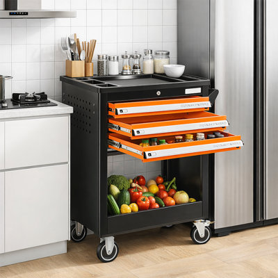 Coffre à outils 3 tiroirs avec serrure, chariot de rangement pour chariot à outils avec tablette ouverte et plateau pour outils