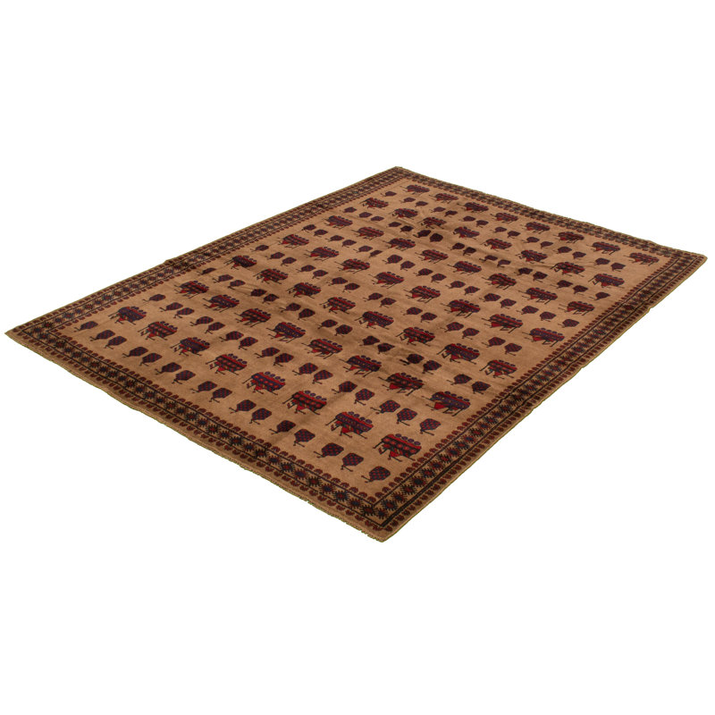 Tapis décoratif beige en laine noué à la main de conception unique 6 pi 10 po x 9 pi 3 po noué à la main New Age
