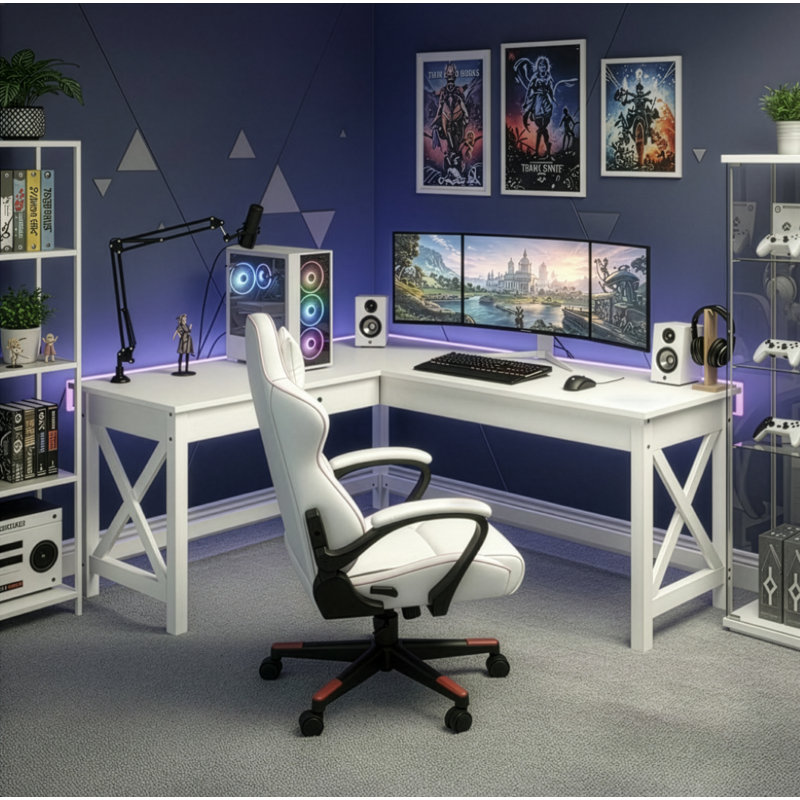 Lavish Home L-Shaped Computer Desk with X-Pattern Legs, White, White
