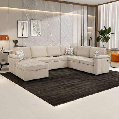 5-Seat Chenille U-Shaped Sectional Sofa with Storage Chaise, Dual USB Charging Ports, Tufted Cushions and 3 Printed Throw Pillows