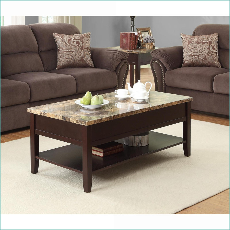 Table basse à plateau relevable en cerisier foncé avec plateau en faux marbre Rangement - idéal pour les salons
