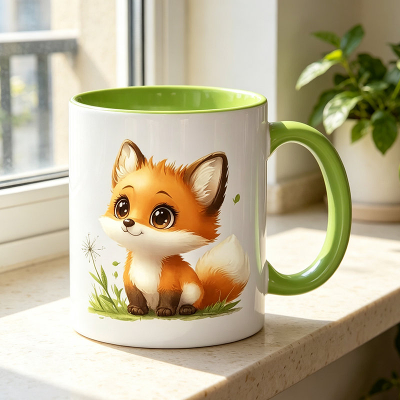 A Charming Ceramic Coffee Mug Featuring a Playful Orange Fox Surrounded by Green Leaves And Dandelions, Perfect for Halloween.