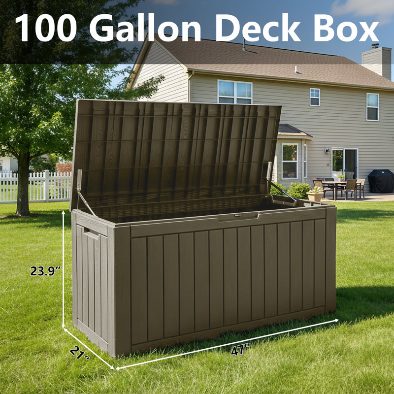 100 Gallon Resin Deck Box With Lockable And Waterproof, Gray