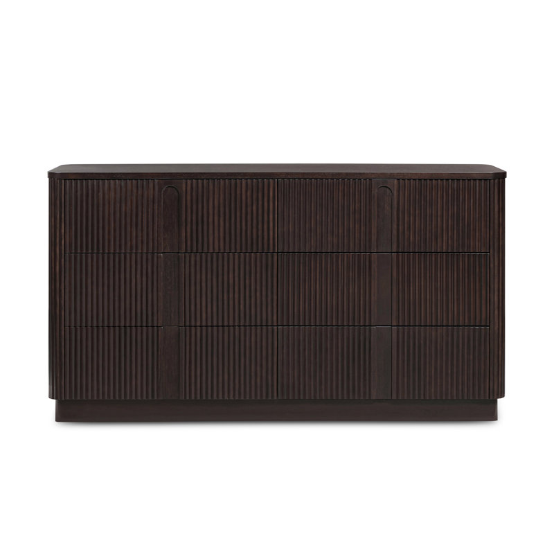 Commode en bois massif 6 tiroirs avec façade en roseaux Potomac, Espresso