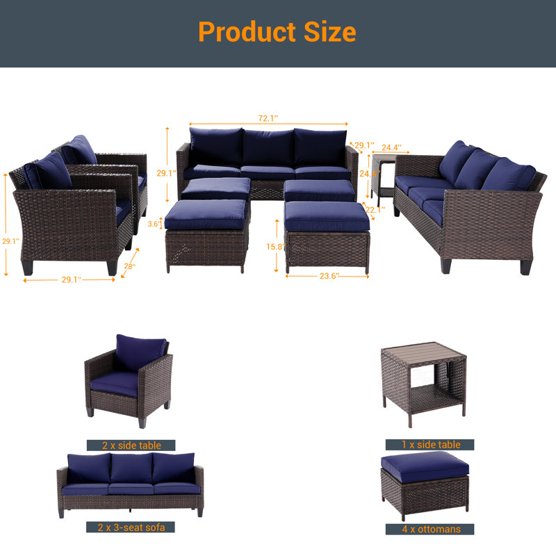 8 - Person Patio Conversation Set with Cushions, Navy
