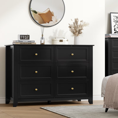 6 Drawer Dresser for Bedroom - Modern Wooden Storage Cabinet with Deep Drawers & Metal Knobs - Wide Organizer for Closet, Nursery, Living Room, Entryway - Black