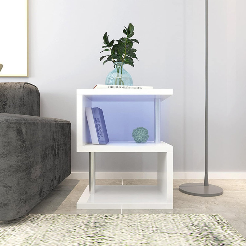 LED Nightstand, S-Shaped End Table, Small Coffee Table, Side Table With Open Storage Shelf