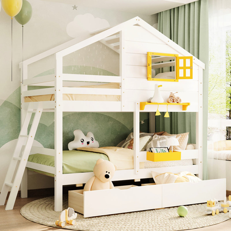 Twin Over Bunk Bed In Gray. Includes 2 Drawers, Storage Box, Shelf & Window. Solid Wood. For Older Than 6 Comes With Wood For Stability. Years And Above