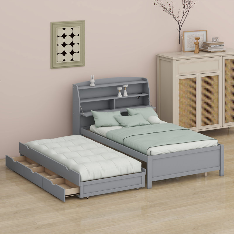 Lit plateforme en bois avec lit gigogne à DEL, Gris